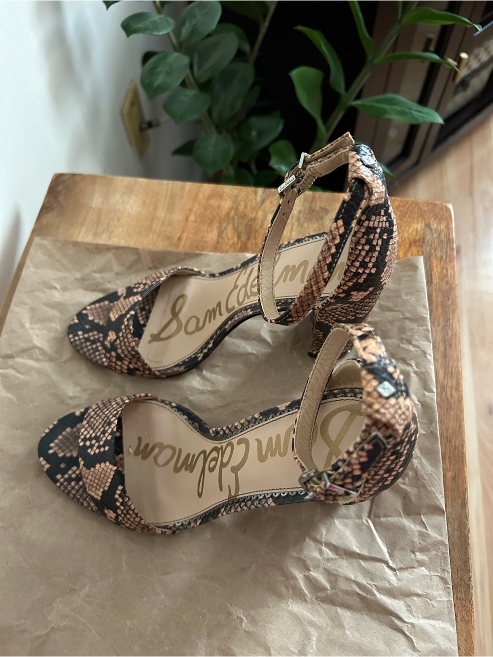 Sam Edelman Black and Tan Snake-Print Ankle Strap Heels